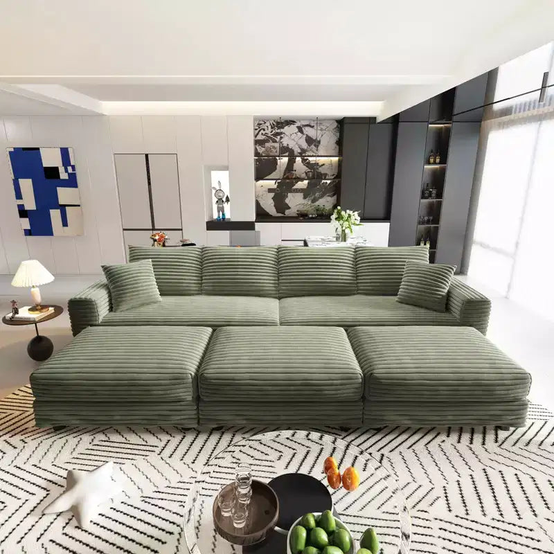 Canapé 4 places en velours côtelé douillet 102,4 avec coussins moelleux, 3 ottomans, canapé convertible profond, chaise longue verte
