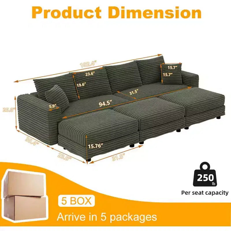 Canapé 4 places en velours côtelé douillet 102,4 avec coussins moelleux, 3 ottomans, canapé convertible profond, chaise longue verte